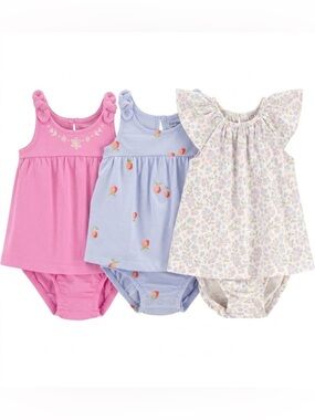 Carter's Baby Girls Pink, Light Blue and Lavender Floral/Citrus Dresses 3 Pieces